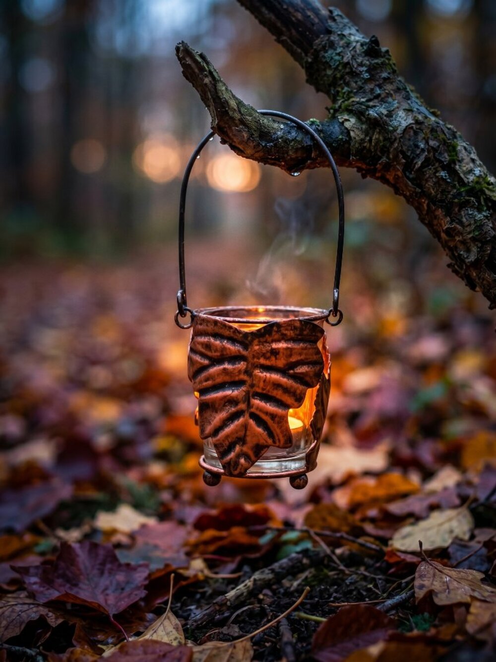 🍁Copper Glass Leaf Votive/Tealight Candle Holder Lantern Decor Hanging Rustic🍁 - Picture 12 of 14